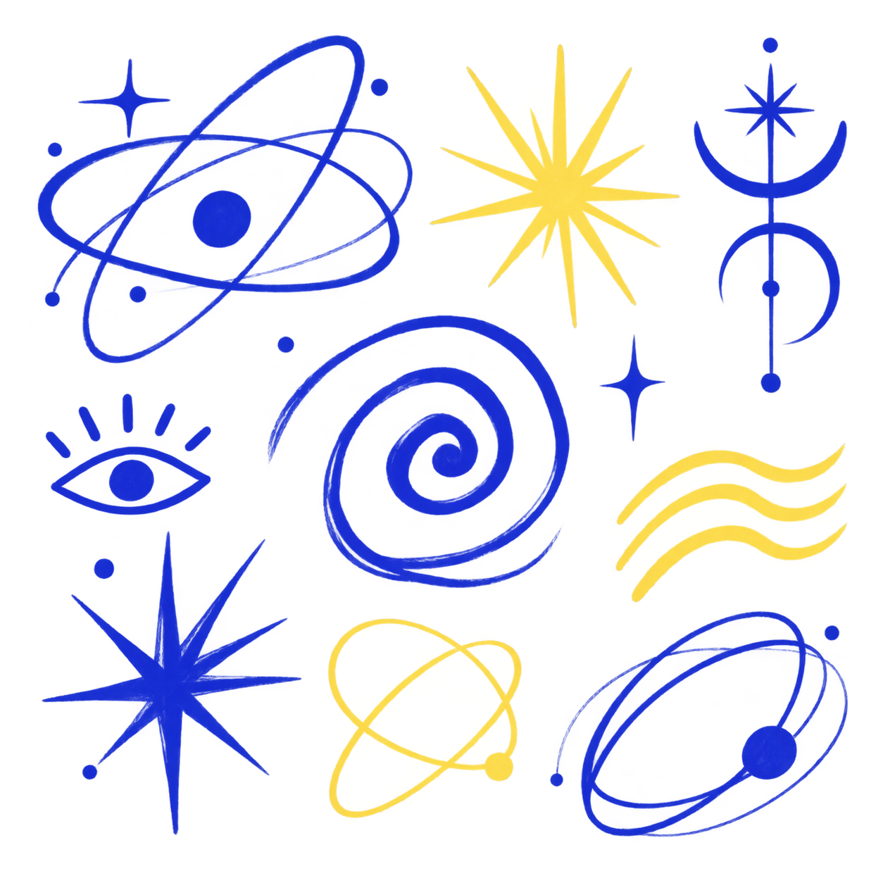 Playful abstract symbols drawn in cobalt ink with yellow accents